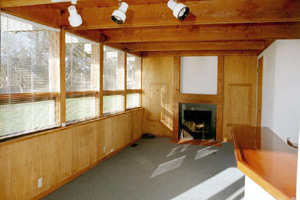 Carpeted family room with fireplace and view